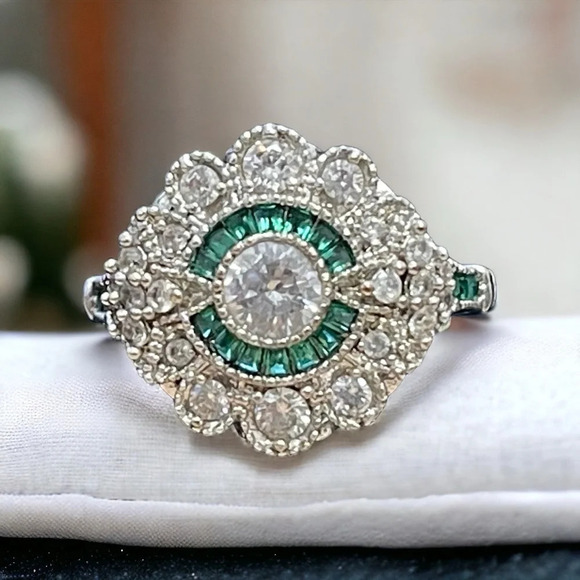 Sterling Silver Green/White CZ Cocktail Ring (9) - Picture 8 of 11